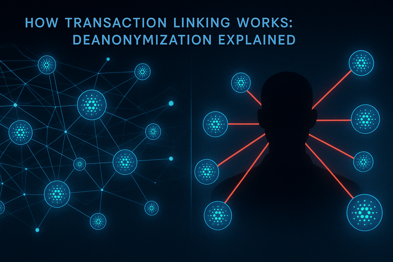 Blockchain privacy diagram showing transaction traceability and mixing protection